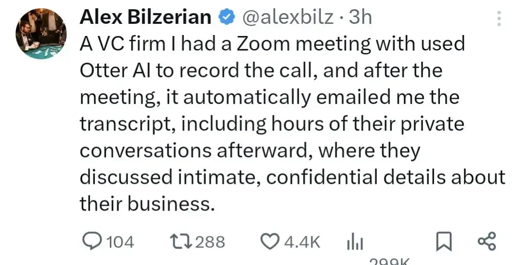 Post alleging that Otter continued recording and emailed a private conversation after a Zoom meeting