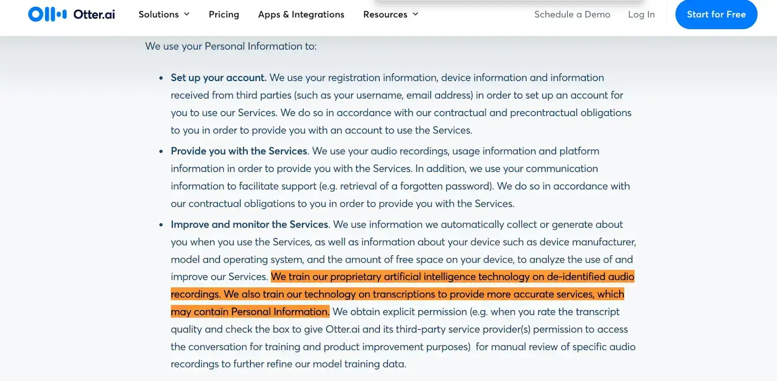 Otter privacy-policy language about training AI on de-identified recordings and transcripts